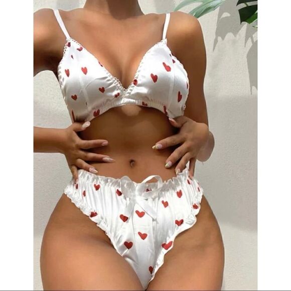 Sexy Satin Heart Print Lettuce Trim Lingerie Set - Picture 2 of 8
